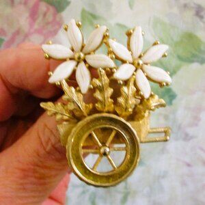 Vintage TORTOLANI Floral Cart Brooch: 24K Gold Plate Milk Glass Flower Jewelry